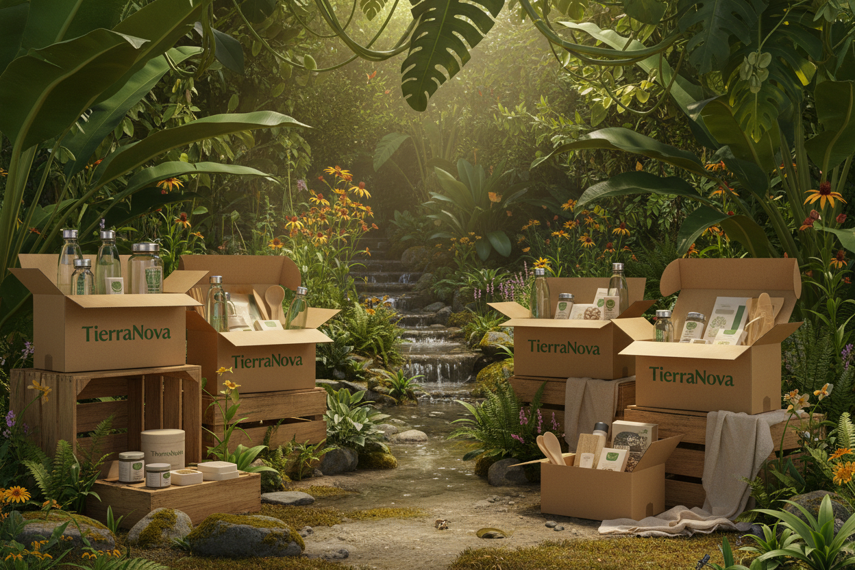 haz un mundo ecologico con productos en cajas con un nombre que dice TierrraNova